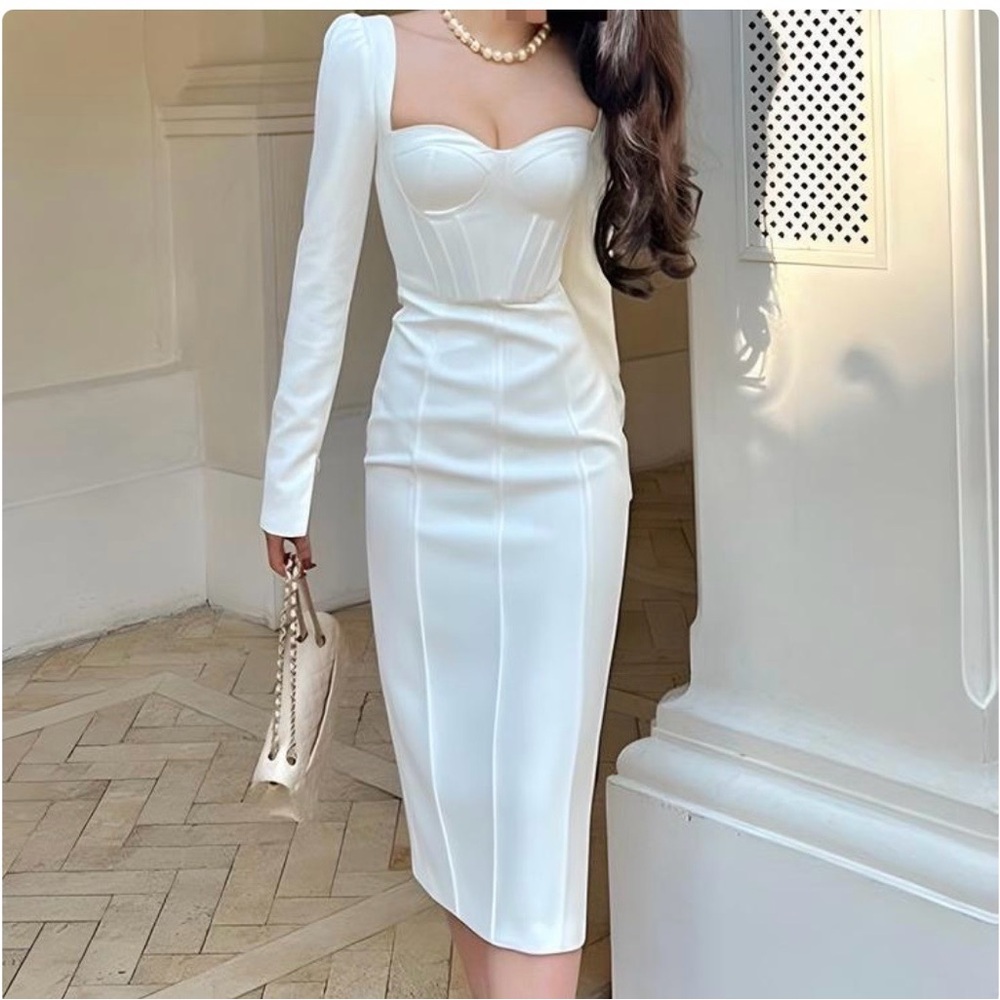 XIAOLI- Square Neck Formal Midi Dress White Size S